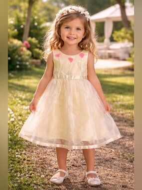 Girls Amanda Rose Floral Organza Party Dress | Pale Yellow | Size 3